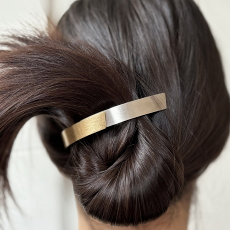 Barrette cheveux incurvée, en métal brossé 10cm, bicolore doré argenté