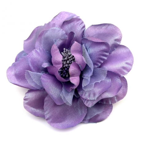 Broche clip grosse fleur satin et voile 16cm