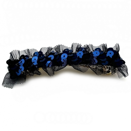Barrette cheveux sequin et tulle 9cm - bleu nuit