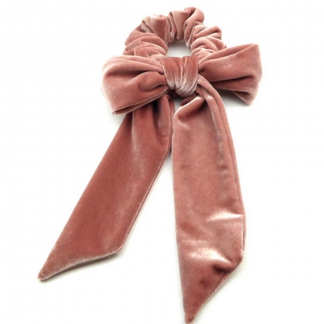 Chouchou velours gros noeud à pan - vieux rose