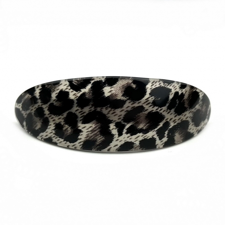 Barrette cheveux ovale incurvée léopard, fait main 9.5cm - noir