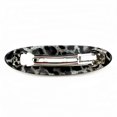 Barrette cheveux ovale incurvée léopard, fait main 9.5cm - noir