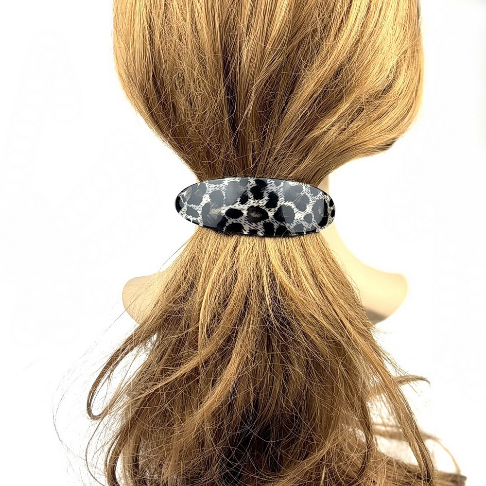 Barrette cheveux ovale incurvée léopard, fait main 9.5cm - noir