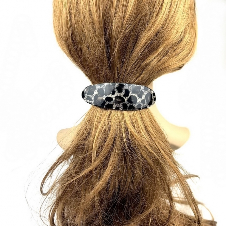 Barrette cheveux ovale incurvée léopard, fait main 9.5cm - noir