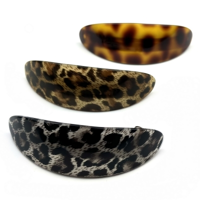 Barrette cheveux ovale incurvée léopard, fait main 9.5cm - marron
