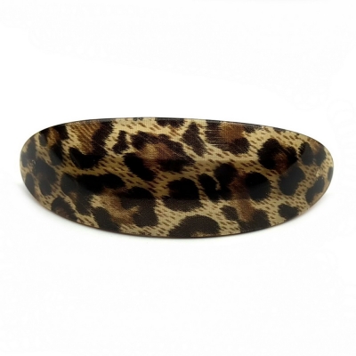 Barrette cheveux ovale incurvée léopard, fait main 9.5cm - marron