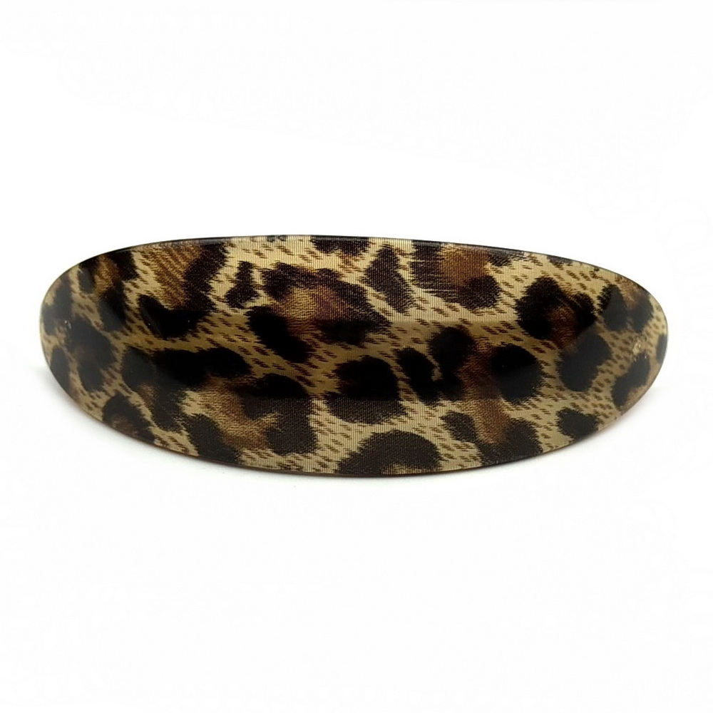 Barrette cheveux ovale incurvée léopard, fait main 9.5cm - marron