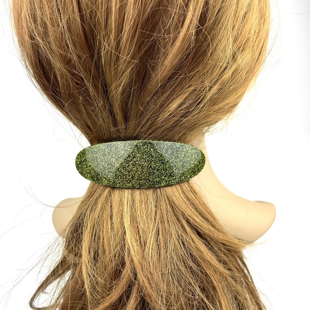 Barrette cheveux ovale incurvée fait main paillette 9.5cm - vert