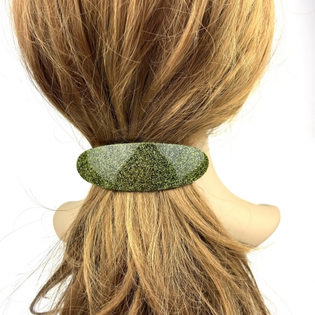 Barrette cheveux ovale incurvée fait main paillette 9.5cm - vert