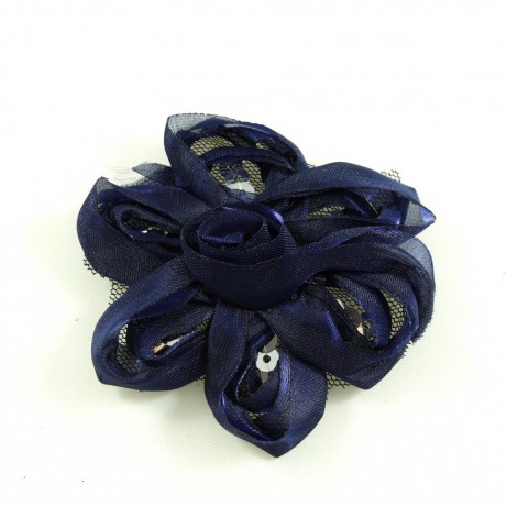 Fleur en tissu et sequin 7cm - Bleu