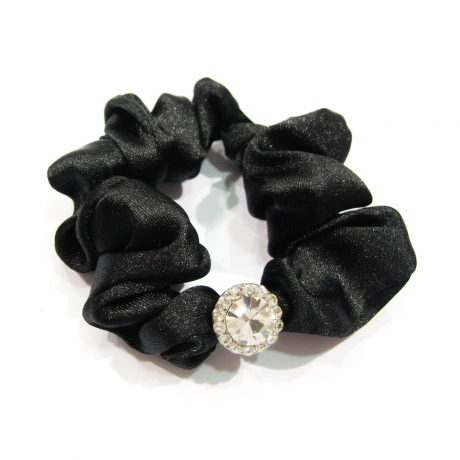 Elastique cheveux en tissu satiné noir avec bijoux strass cristal