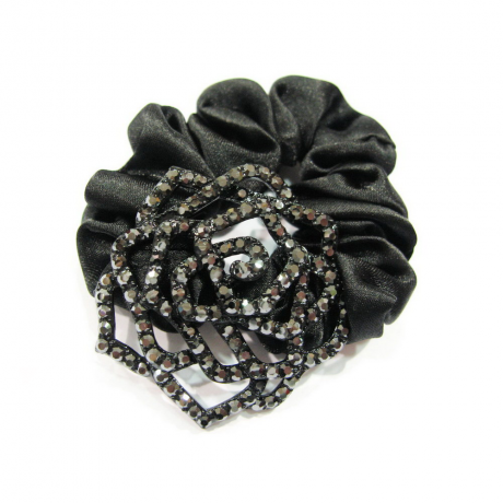 Elastique cheveux en tissu satiné noir avec bijou fleur strass
