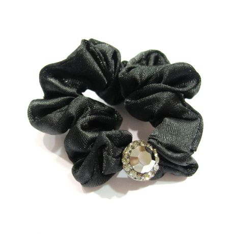 Elastique cheveux en tissu satiné noir avec bijoux strass hématite
