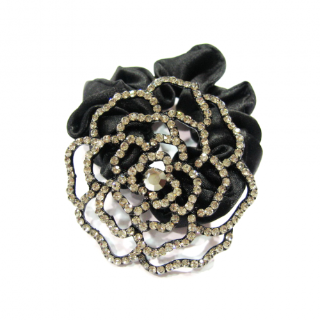 Elastique cheveux en tissu satiné noir avec bijou grosse fleur strass gris