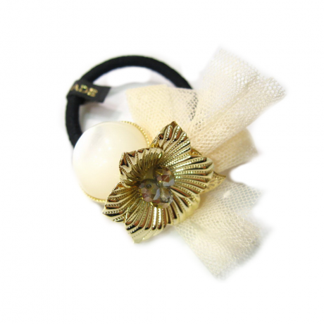 Elastique cheveux noir avec bijoux fleur et noeud ivoire