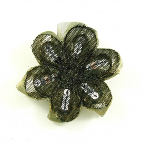 Fleur en tissu et sequin 7cm - Vert Kaki