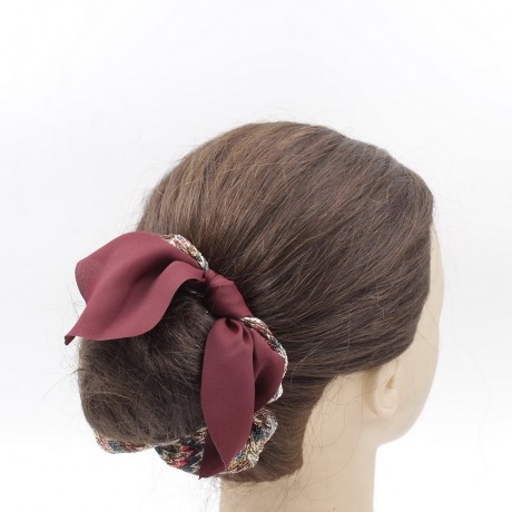 Chouchou élastique cheveux tissu maille imprimé avec noeud uni amovible - bordeaux