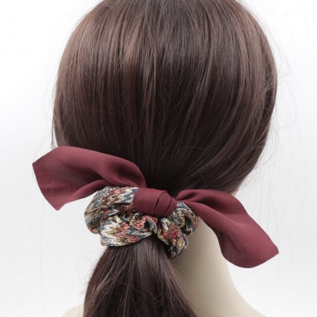 Chouchou élastique cheveux tissu maille imprimé avec noeud uni amovible - bordeaux