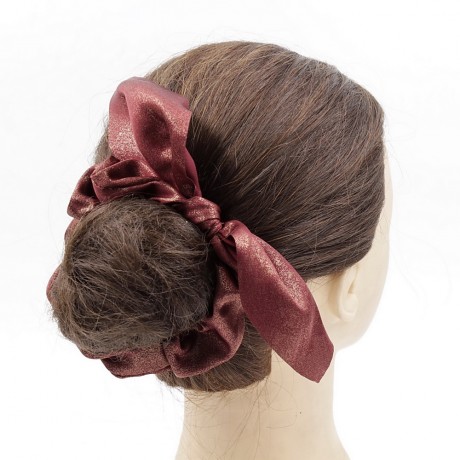 Chouchou élastique cheveux tissu brillant avec noeud amovible - bordeaux