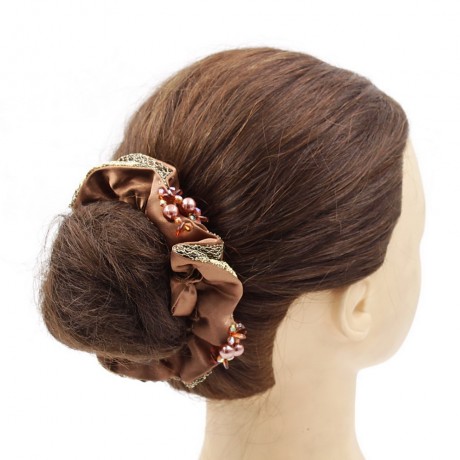 Chouchou élastique cheveux en tissu et perles marron