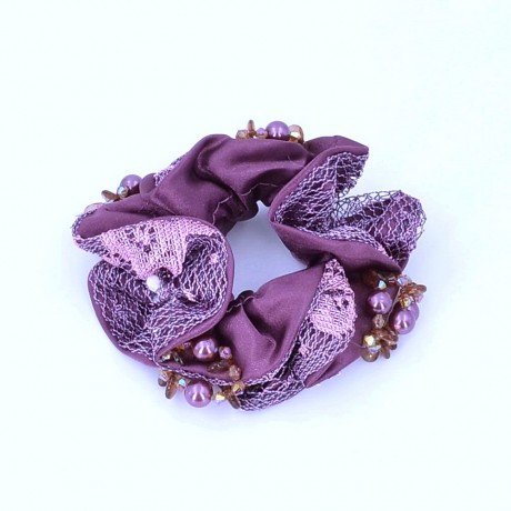Chouchou élastique cheveux en tissu et perles mauve