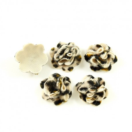 Lot de 5 petites fleurs léopard en tissu aspect fourrure 30mm- beige/marron