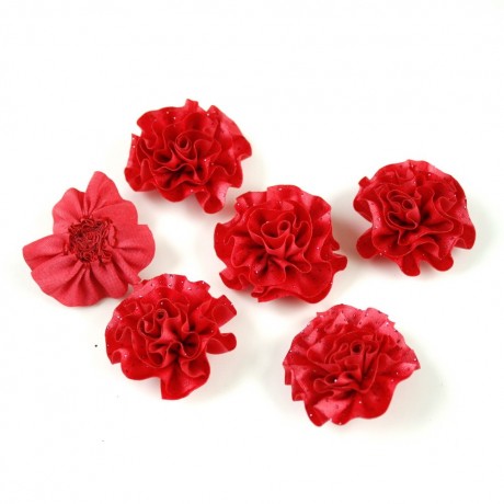 Lot de 6 petites fleurs en tissu satin et paillettes - corail