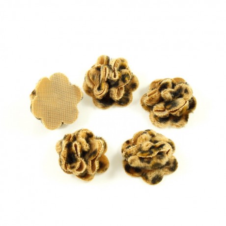 Lot de 5 petites fleurs léopard en tissu aspect fourrure 30mm- marron