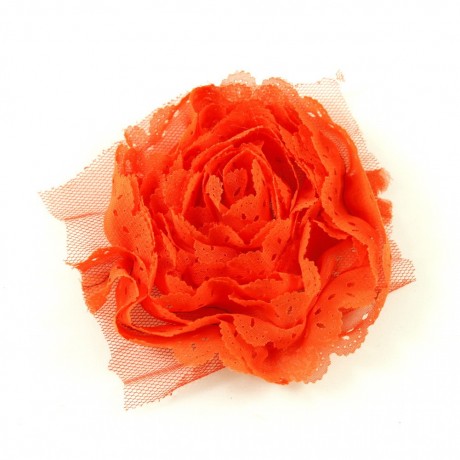 Grosse fleur plate orange en tissu bord dentelé environ 8cm