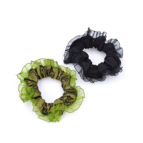 2 chouchous élastiques cheveux satiné avec bordure fantaisie 8cm vert/noir