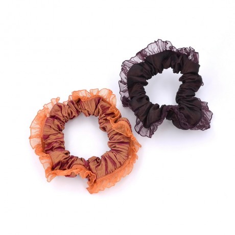 2 chouchous élastiques cheveux satiné avec bordure fantaisie 8cm marron