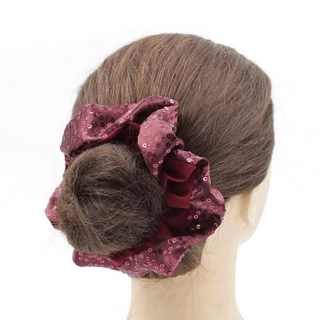 Gros chouchou élastique cheveux tissu satin et sequins bordeaux