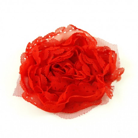 Grosse fleur plate rouge en tissu bord dentelé environ 8cm
