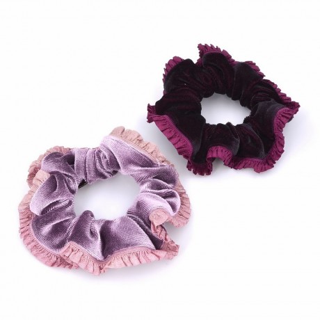 2 chouchous élastiques cheveux en velours avec volant rose et bordeaux