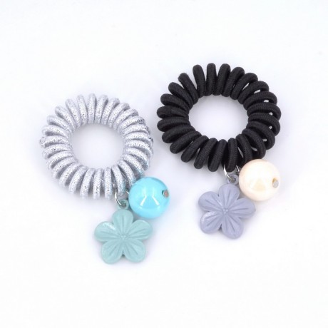 2 élastiques torsadés en fil polyester façon fil de téléphone pendant fleur couleurs assorties