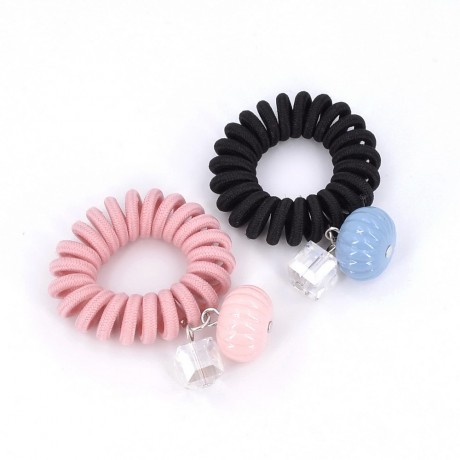 2 élastiques torsadés en fil polyester façon fil de téléphone pendant perles rose et bleu