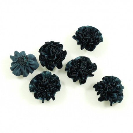 Lot de 6 petites fleurs en tissu satin et paillettes - bleu canard