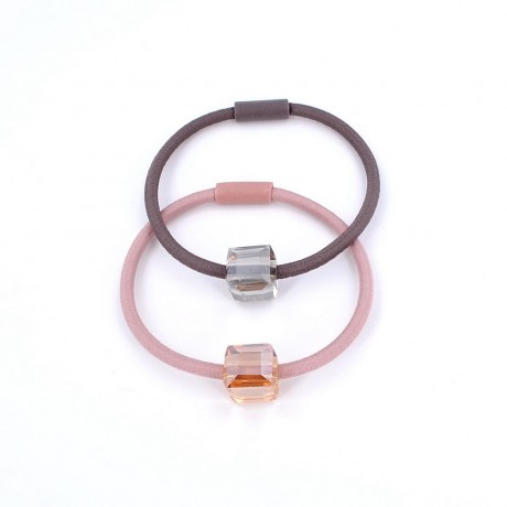 2 élastiques cheveux avec cube en cristal marron/rose