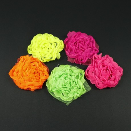 Fleurs en tissu à bord dentelé jaune fluo diamètre 7cm