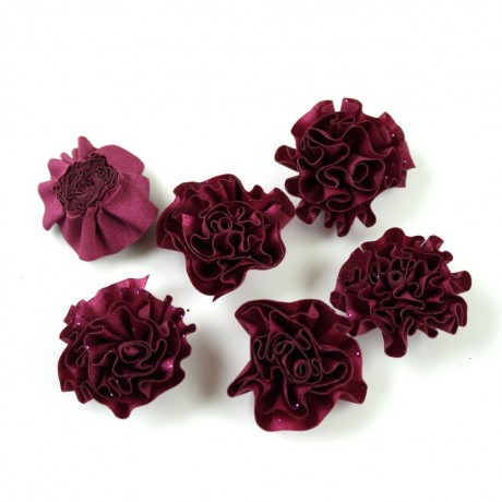 Lot de 6 petites fleurs en tissu satin et paillettes - rose foncé