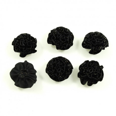 Lot de 6 petites fleurs en tissu satin et paillettes - noir / doré