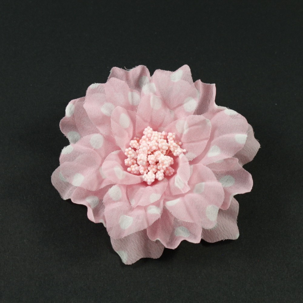 Fleur en tissu blanc motif petits pois rose diamètre 8cm