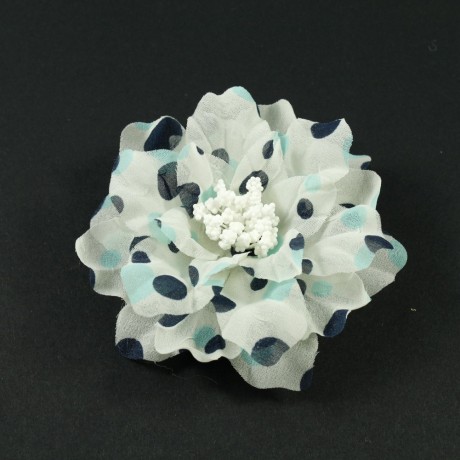 Fleur en tissu blanc motif petits pois multicolore diamètre 8cm