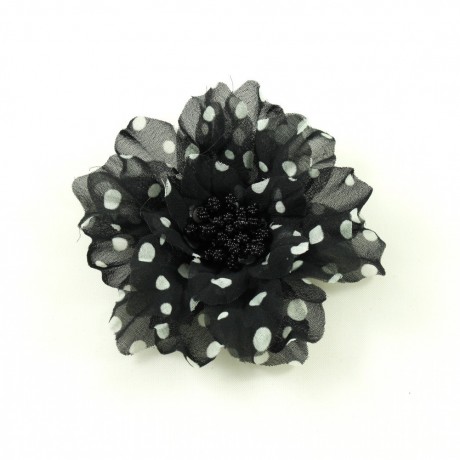 Fleur en tissu noir motif petits pois blanc diamètre 8cm