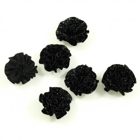 Lot de 6 petites fleurs en tissu satin et paillettes noir / argenté