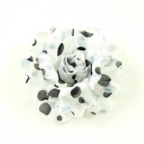 Fleur en tissu blanc motif petits pois noir et bleu diamètre 8cm
