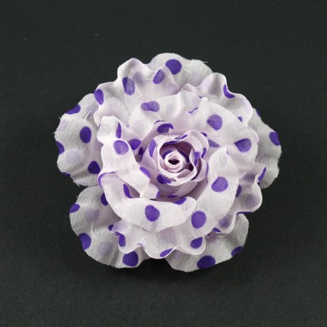 Fleur en tissu blanc motif petits pois violet diamètre 8cm
