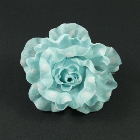 Fleur en tissu bleu motif petits pois blanc diamètre 8cm