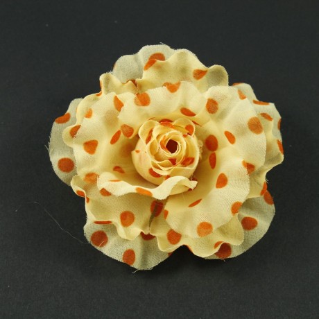 Fleur en tissu jaune motif petits pois orange diamètre 8cm