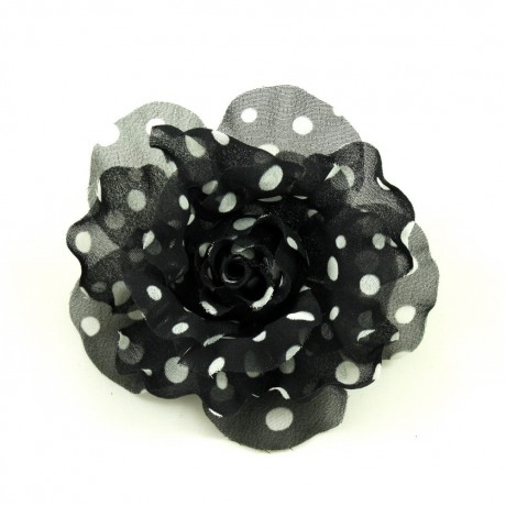 Fleur en tissu noir motif petits pois blanc diamètre 8cm